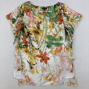 Alberto Makali Small‎ Colorful Floral Artsy Eyelet Layered Feminine Romantic Top